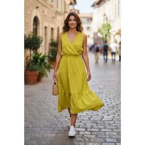 Nina Leonard Size Small Chartreuse Multi-Tier Sleeveless Dress NWT